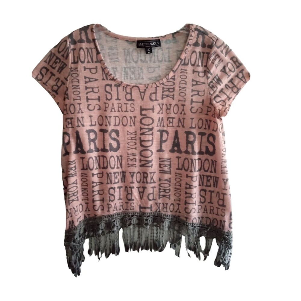 Almost Famous Paris London New York Top XL Pink Gray Short Sleeves Fringed Hem